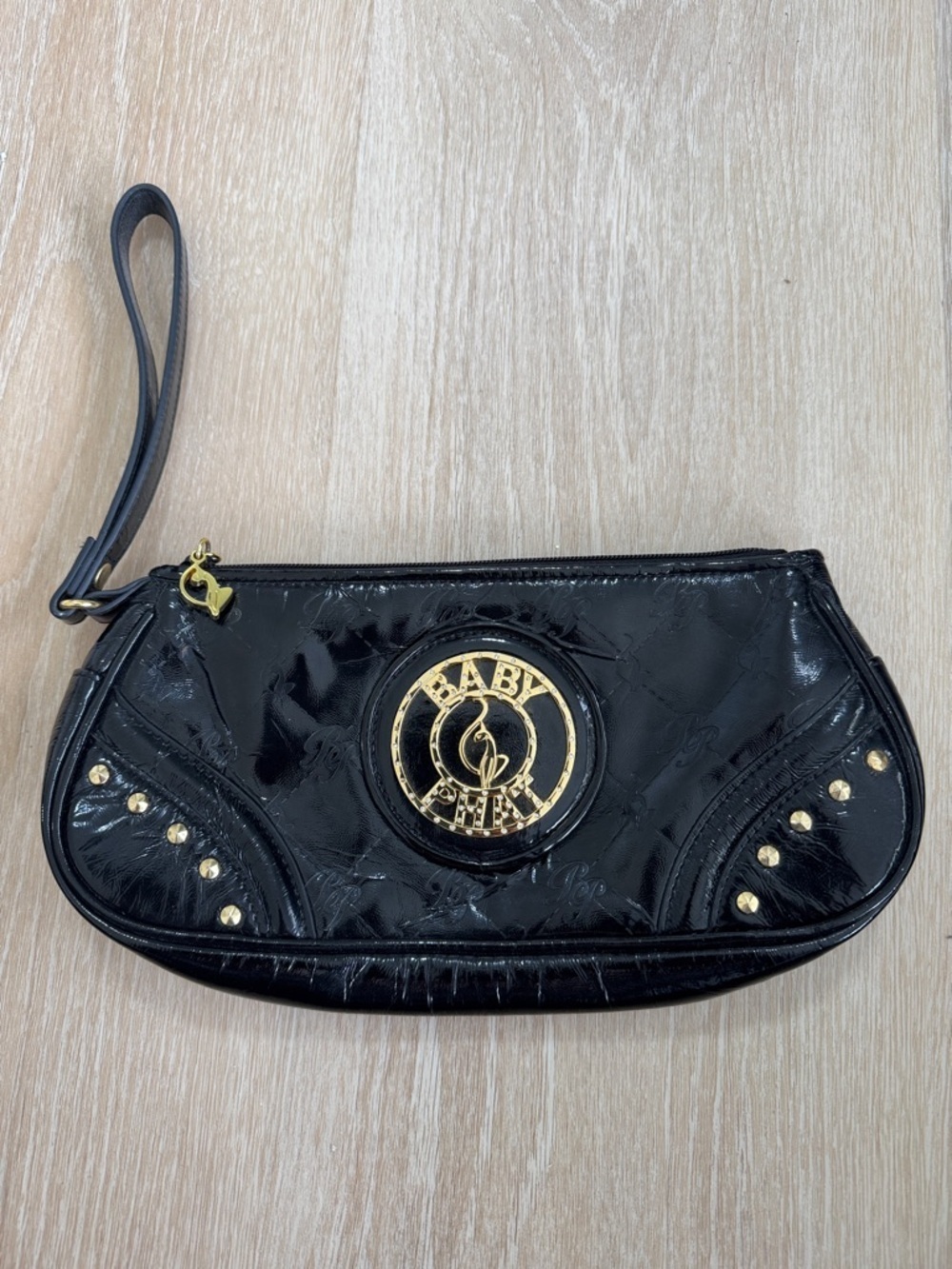 Baby Phat Black Patent Wristlet Clutch with Gold Logo